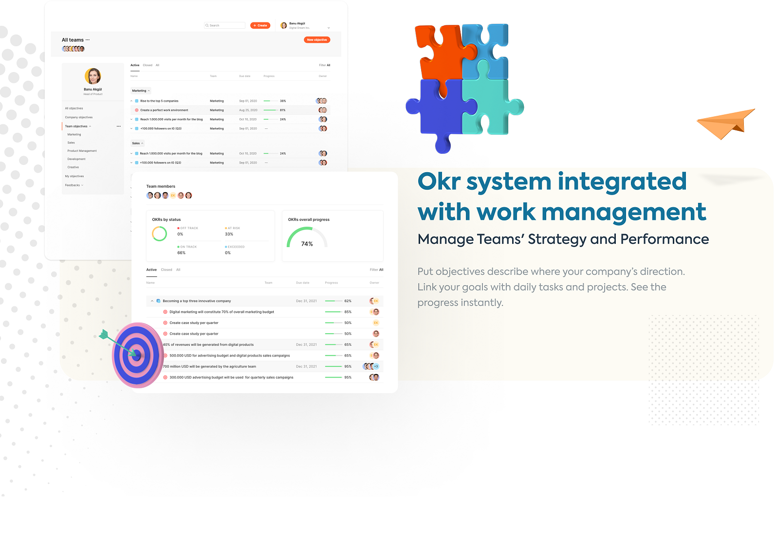 OKR sytem integrated with work management Manage Teams' Strategy and Performance Put Objectives describe where your company's direction. Link your goals with daily task and projects. See the progress instantly.